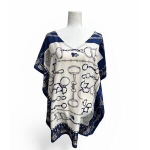 Stacy Bradley Caftan 100% Silk Horse Bit Designer Print Blue Silver Resort Look